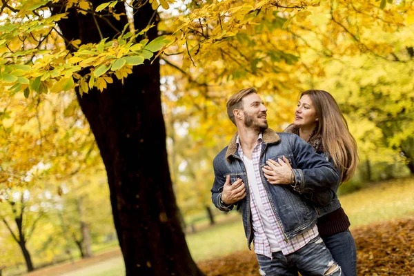 Joven pareja amorosa en el parque de otoño —  Fotos de Stock