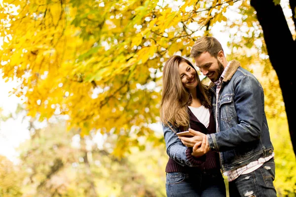 Smiling couple hugging in autumn park and having fun — Stock Photo, Image