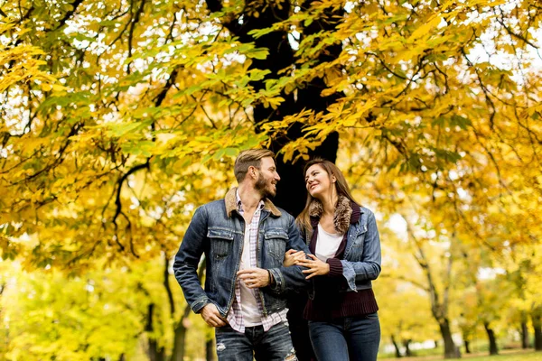 年轻爱夫妻在秋天的公园 — 图库照片