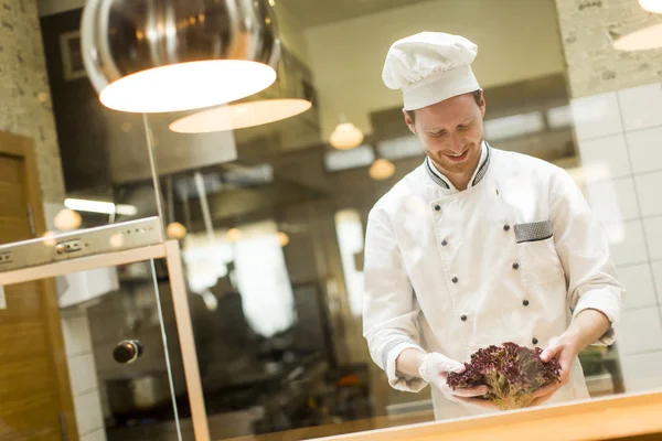 Junger Koch bereitet eine Mahlzeit zu — Stockfoto