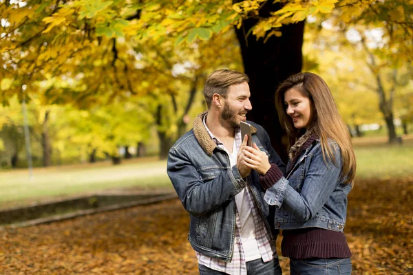 Pareja sonriente abrazándose en el parque de otoño y divirtiéndose —  Fotos de Stock