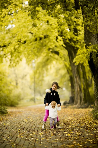 Kleine zusters in de herfst park — Stockfoto