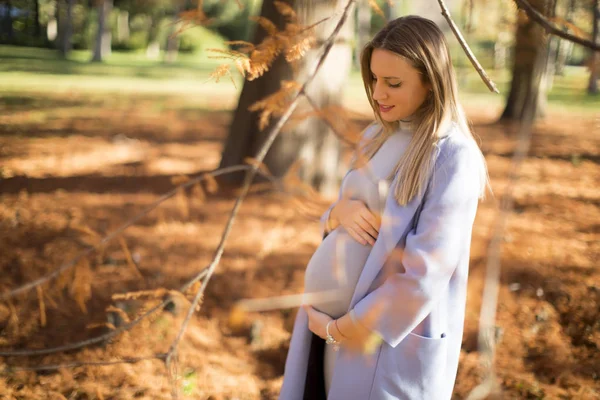 Unga gravid kvinna i höst park — Stockfoto