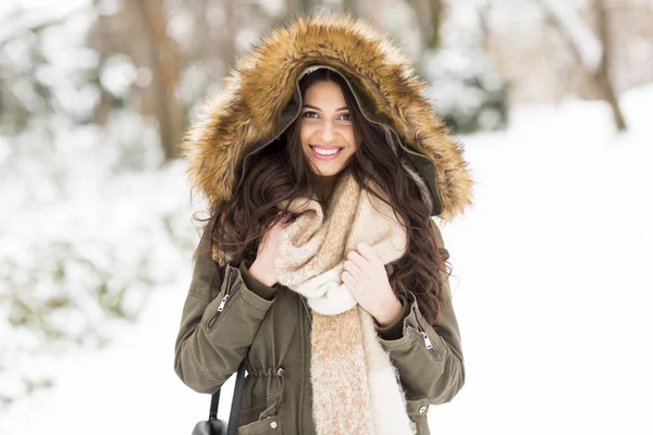 Kış günü parkta genç ve güzel kadın