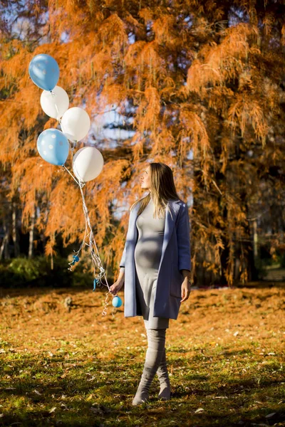 Молода вагітна жінка з повітряними кулями в осінньому парку — стокове фото