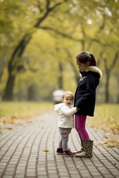 Little sisters in the autumn park — Stock Photo, Image