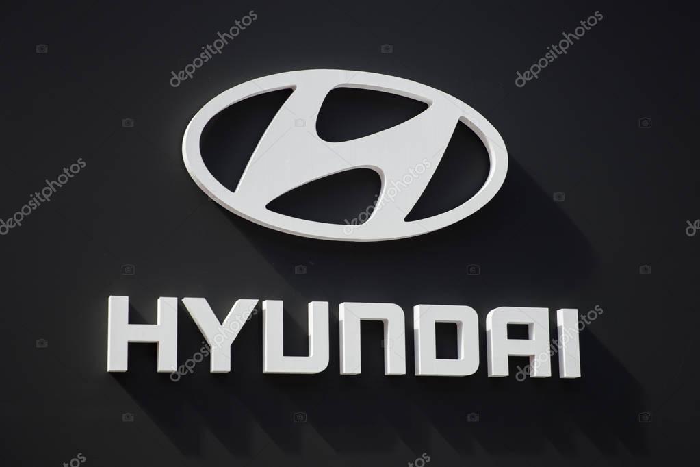 BELGRADE, SERBIA - MARCH 28, 2017: Detail from Hyundai logo in Belgrade, Serbia.Hyundai is South Korean multinational automotive manufacturer headquartered in Seoul
