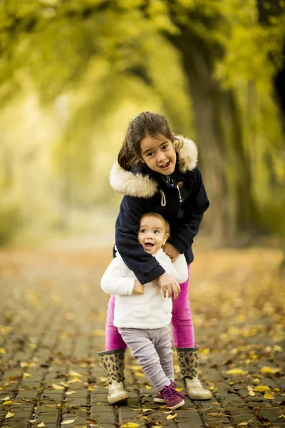 Little sisters in the autumn park — Stock Photo, Image