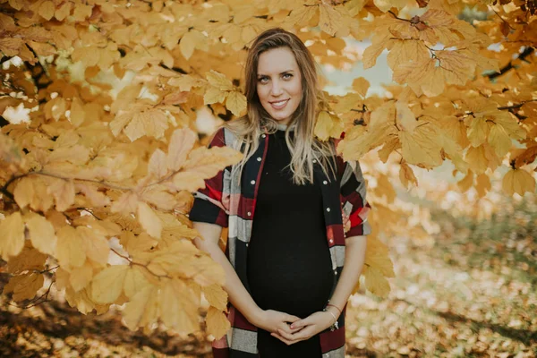 Unga gravid kvinna i höst park — Stockfoto