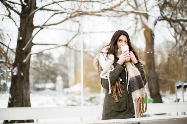 Mooie jonge vrouw drinken van hete thee — Stockfoto