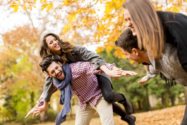Boyfriends holding girlfriends on back in autumn park — Stock Photo, Image