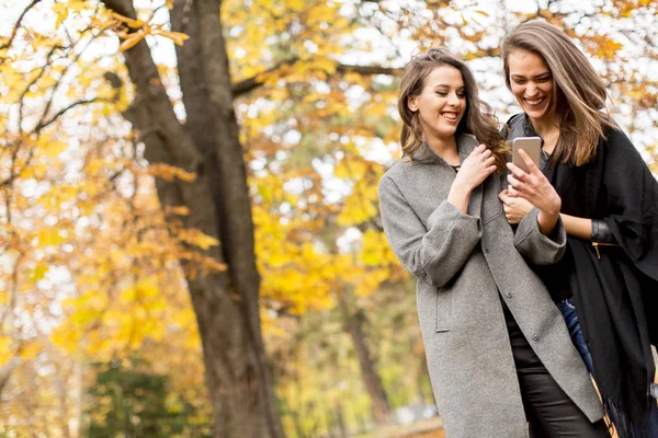 Dos mujeres muy jóvenes usando el teléfono móvil — Foto de Stock