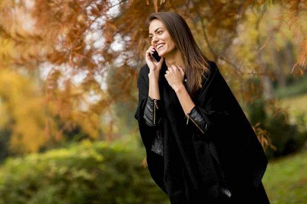 Giovane donnautilizzando il cellulare nel parco autunnale — Foto Stock