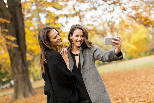 Dvě mladé ženy užívající selfie s mobilním telefonem — Stock fotografie