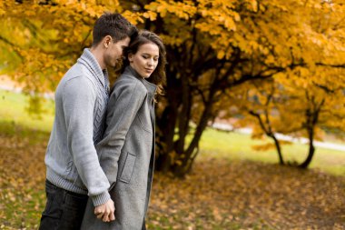 Sonbahar ormandaki güzel Çift