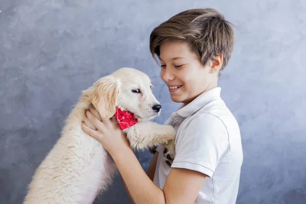 部屋のレトリーバー犬の赤ちゃんにかわいい十代の少年 — ストック写真
