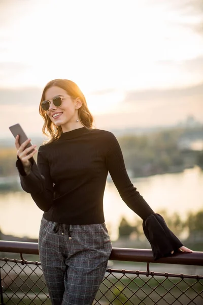 Kunyhó és tűzifa매력적인 젊은 여성을 휴대 전화 — 스톡 사진