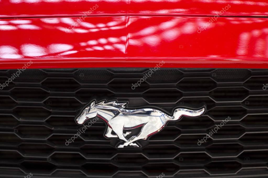 BELGRADE, SERBIA - MARCH 28, 2017: Detail of Ford Mustang car in Belgrade, Serbia. It is an American car manufactured by Ford from 1964.