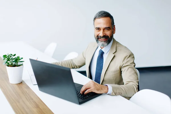 Gutaussehender Geschäftsmann mittleren Alters arbeitet im Büro am Laptop — Stockfoto