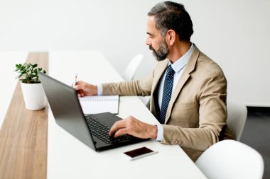 Ofiste dizüstü bilgisayar üzerinde çalışan yakışıklı orta yaşlı işadamı