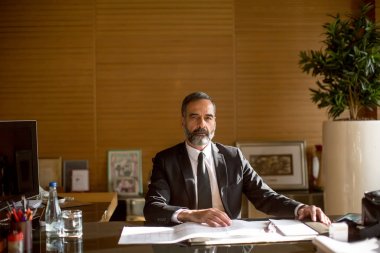 Modern ofis içinde laptop üzerinde çalışan üst düzey iş adamı