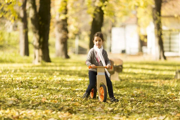 Malá holčička jedoucí na kole na podzim park — Stock fotografie