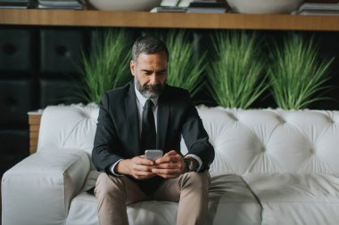 Orta yaşlı işadamı cep telefonunuzun ve 