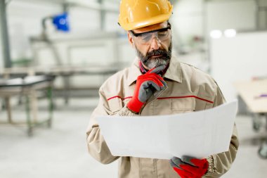 Fabrika planında bakarak yakışıklı olgun mühendisi