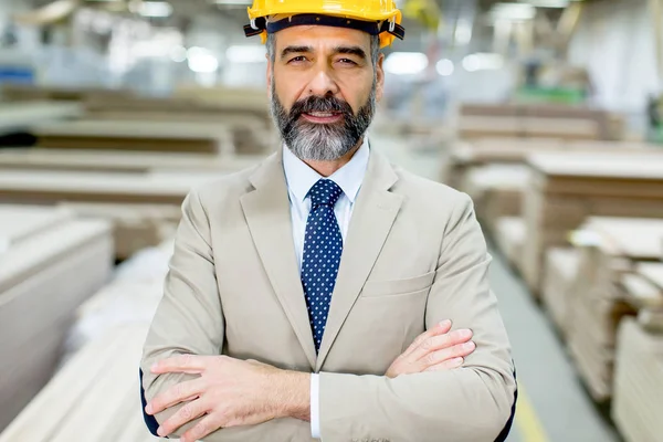 Retrato de hombre de negocios guapo en traje con casco en un almacén — Foto de Stock