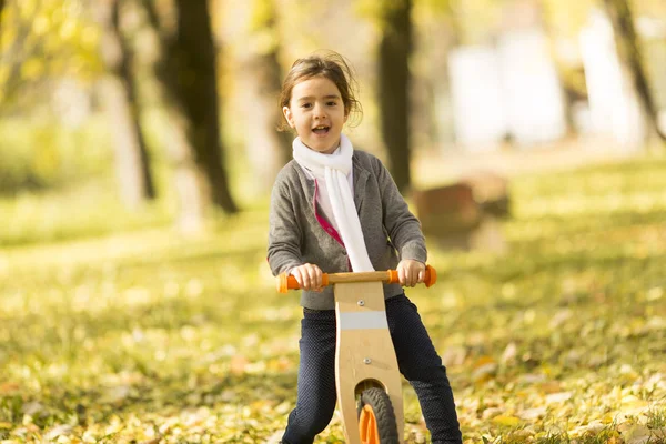 Menina andando de bicicleta no parque de outono — Fotografia de Stock