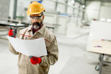 Üst düzey yönetici fabrikada projest bakarak portresi