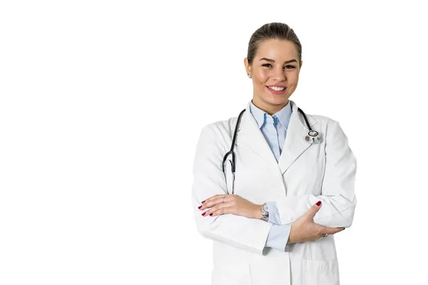 Pretty young female doctor on the white background — Stock Photo, Image