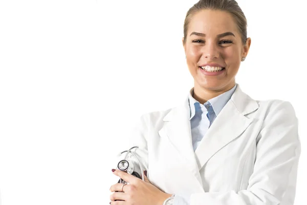 Pretty young female doctor on the white background — Stock Photo, Image