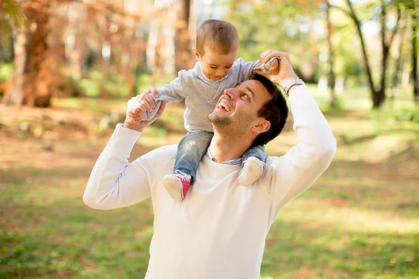 Young Father Baby Boy Playing Autumn Park Sunny Day — Stock Photo, Image