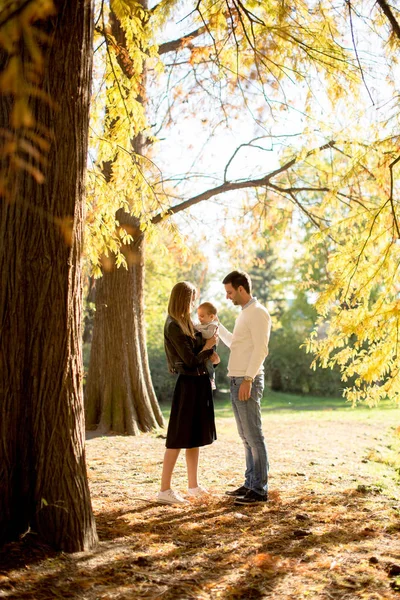 Joyeux jeunes parents avec bébé garçon dans le parc d'automne — Photo