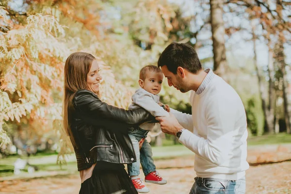 Padres jóvenes felices con bebé en el parque de otoño — Foto de Stock