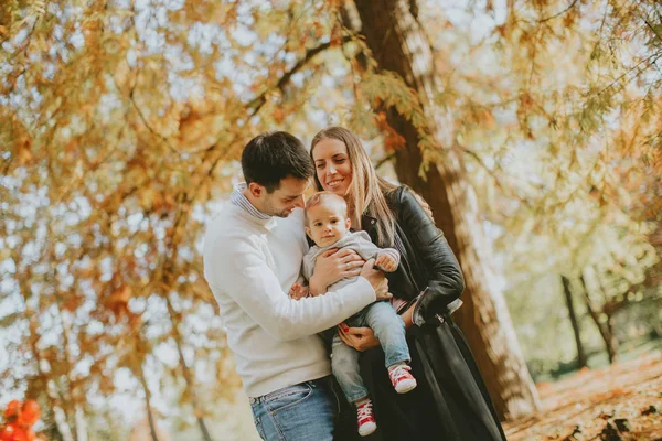 Padres jóvenes felices con bebé en el parque de otoño — Foto de Stock