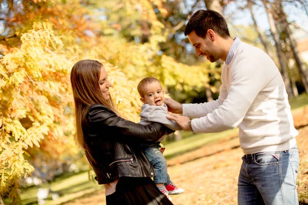 Happy family with baby boy in autumn park — Stock Photo, Image