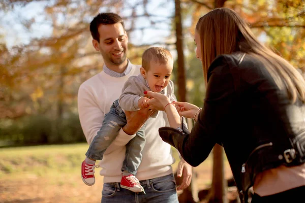 Joyeux jeunes parents avec bébé garçon dans le parc d'automne — Photo