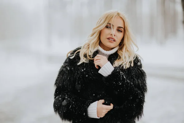 Retrato Mujer Rubia Afuera Abrigo Invierno Nieve —  Fotos de Stock