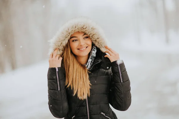 Ganska Ung Brunett Kvinna Med Huva Snöig Vinterdag — Stockfoto