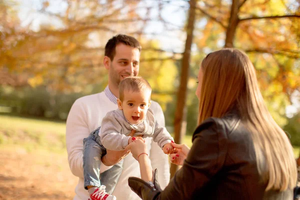 Happy Young Parents Have Fun Baby Boy Autumn Park — Stock Photo, Image