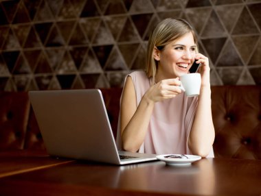 Kafede dizüstü bilgisayar üzerinde çalışan ve kahve içme kadın serbest meslek portresi