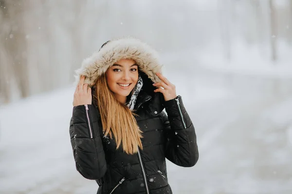 Όμορφη Νεαρή Μελαχρινή Γυναίκα Κουκούλα Μια Χιονώδη Χειμερινή Ημέρα — Φωτογραφία Αρχείου