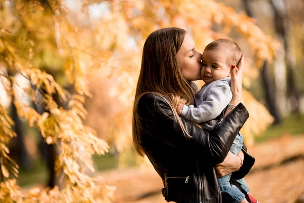 秋天公园里的年轻的母亲和男婴在晴朗的天 — 图库照片