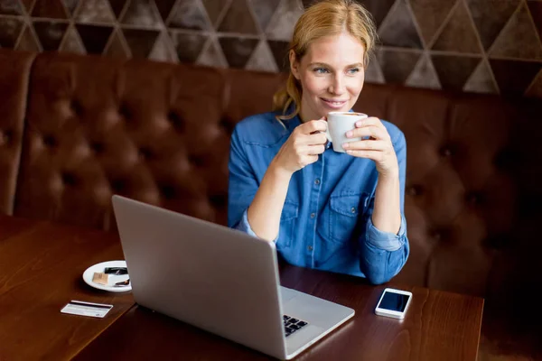 Προσωπογραφία Γυναίκας Ελεύθερος Επαγγελματίας Εργάζεται Για Laptop Στο Καφενείο Και — Φωτογραφία Αρχείου