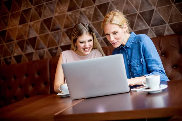 Mulheres Muito Jovens Com Laptop Sentado Mesa Café — Fotografia de Stock