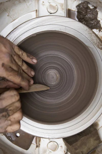 Close Detail View Artist Makes Clay Pottery Spin Wheel — Stock Photo, Image