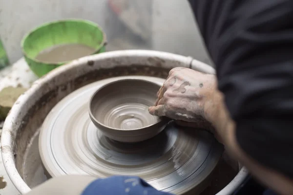 Close Detail View Artist Makes Clay Pottery Spin Wheel — Stock Photo, Image