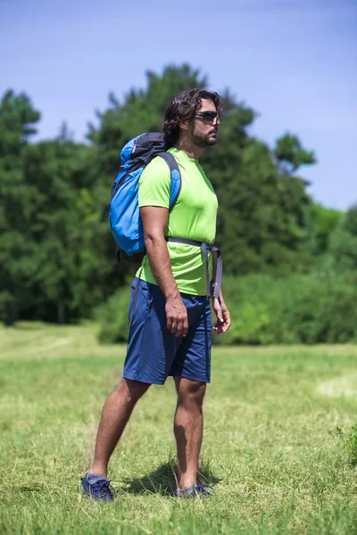 緑の自然 ハイキングのバックパックと若い男 — ストック写真